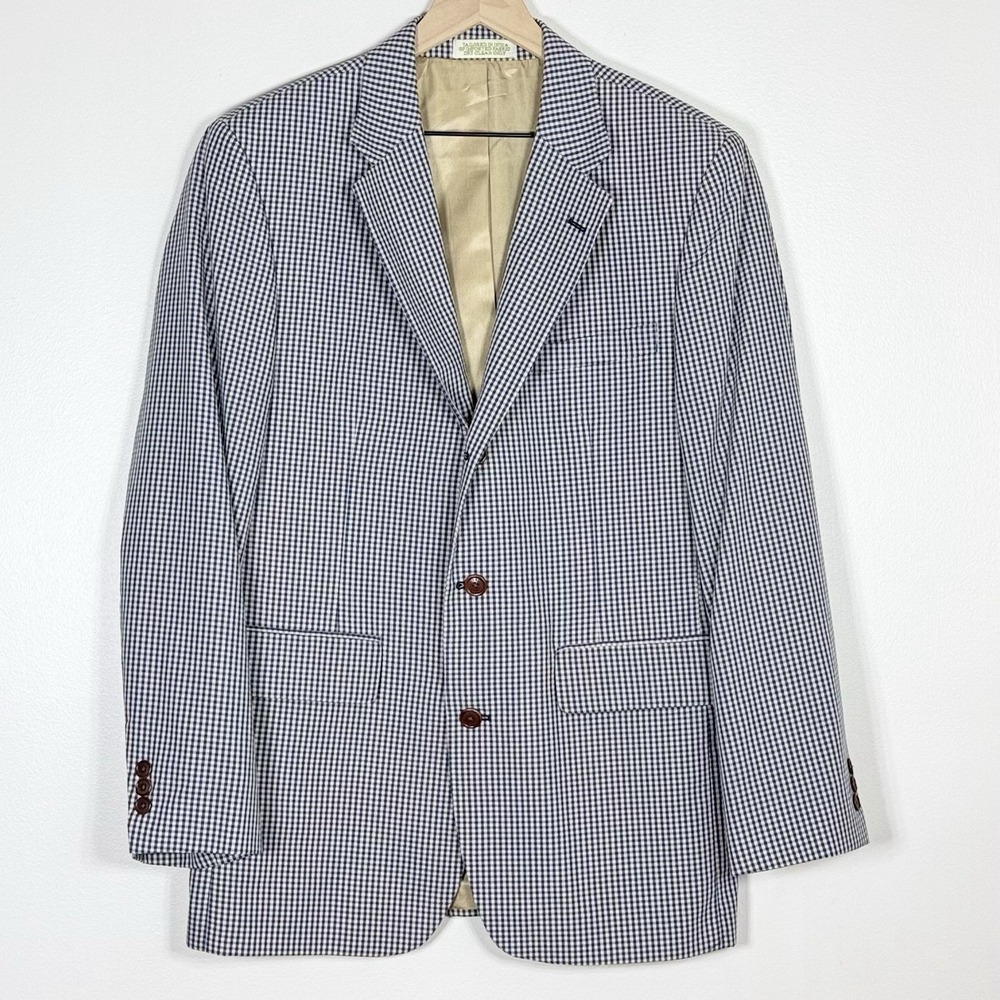 Orvis Mens Sport Coat Blazer Size 40R Navy Tan Gingham Check 3 Button Preppy